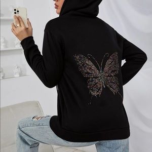 Black zip up, SHEIN. Size S. Rhinestone butterfly on front and back.